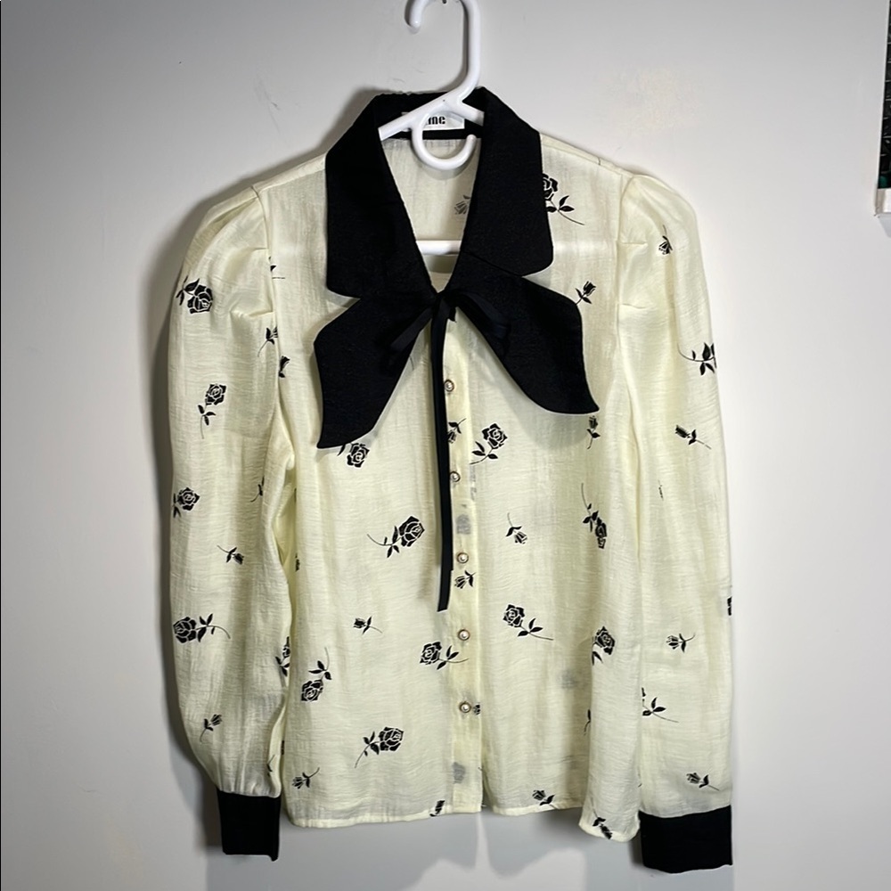 J.ING Bow Tie Blouse Cream Floral Pearl Button Romantic Office Top Small - Picture 2 of 14